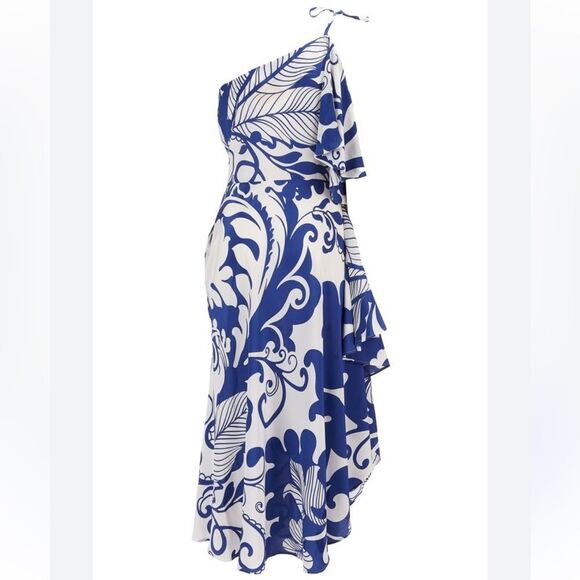 NWT La DoubleJ Cassandra One-Shoulder Silk Crepe Dress in Blue/White, Size S - Picture 1 of 14
